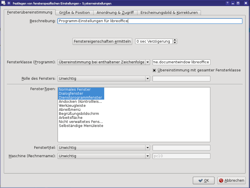 Fenstereinstellungen für Libreoffice