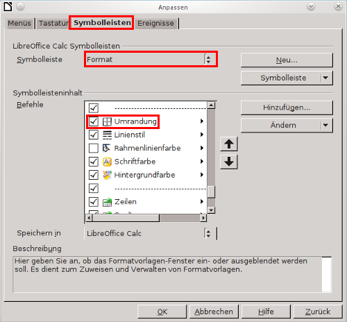 Extras → Anpassen… → Symbolleisten