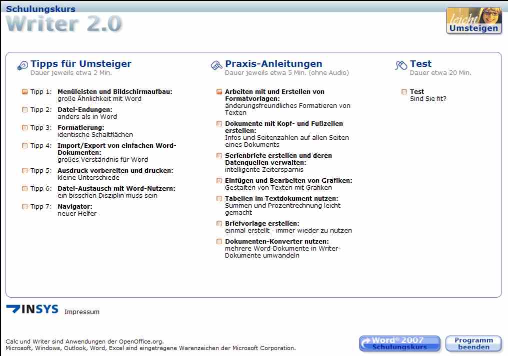 Inhaltsverzeichnis Writer