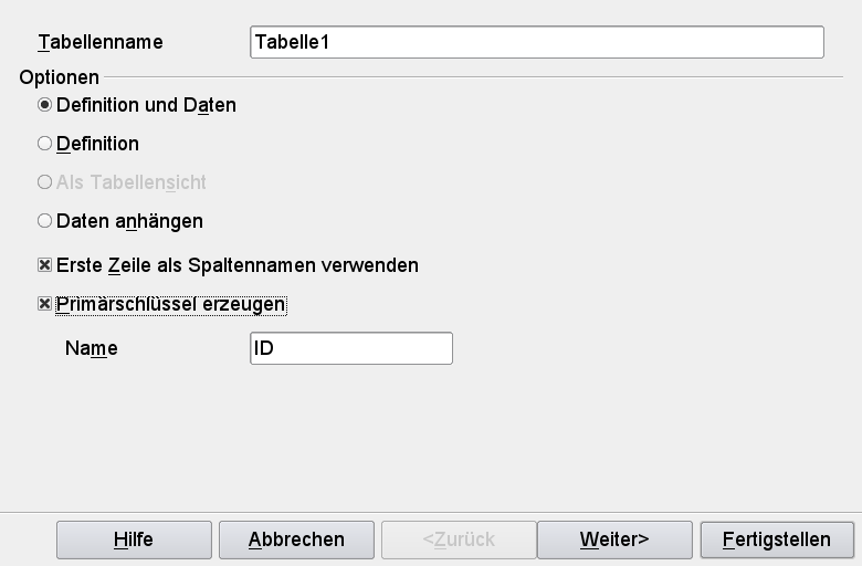 Base: Daten einfügen, Assistent