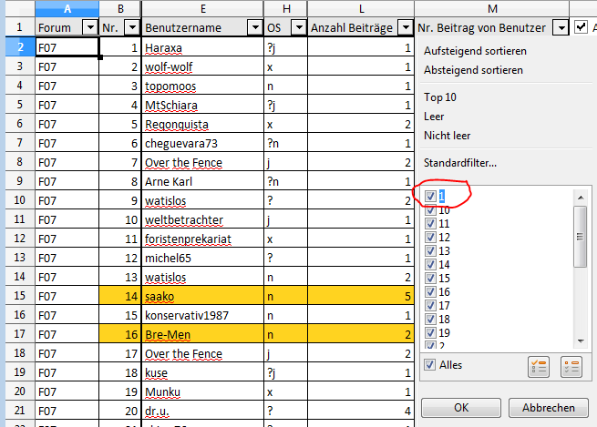 Screenshot des Autofilters