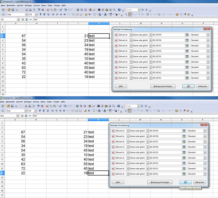 oben: die geltenden Bedingungen für die markierte Zelle (normal eingetippt)<br />unten: die per Drag&Drop von K3 nach K12 erweiterten Bedingungen