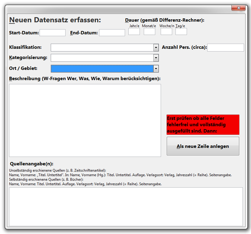 Screenshot Datenmaske zur Eintragung in Calc
