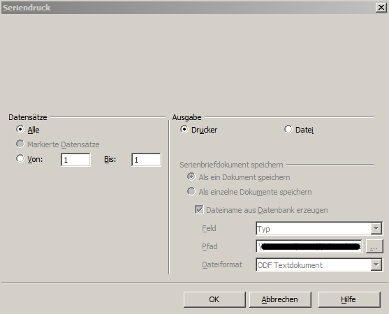Fenster Seriendruck mit leerem Datenbereich.