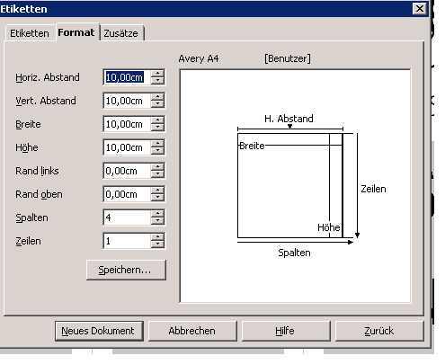 Etiketten Konfiguration bei "Neu"