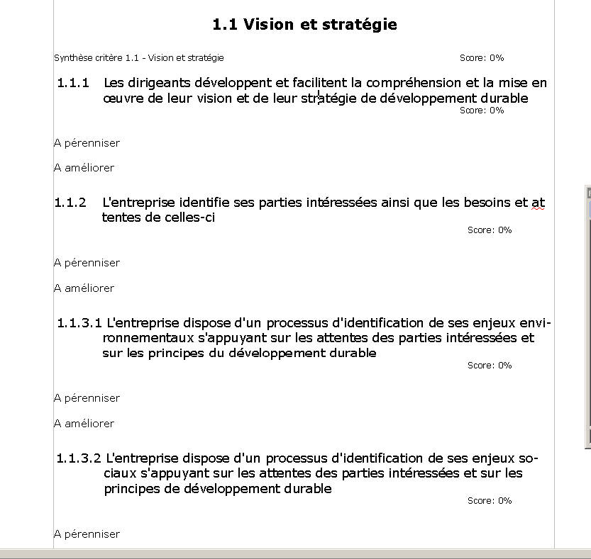 Die Textgliederung<br />1.1 - Überschrift 1<br />1.1.1 usw - Überschrift 2<br />Score - text1<br />A pérenniser + A améliorer  - text2