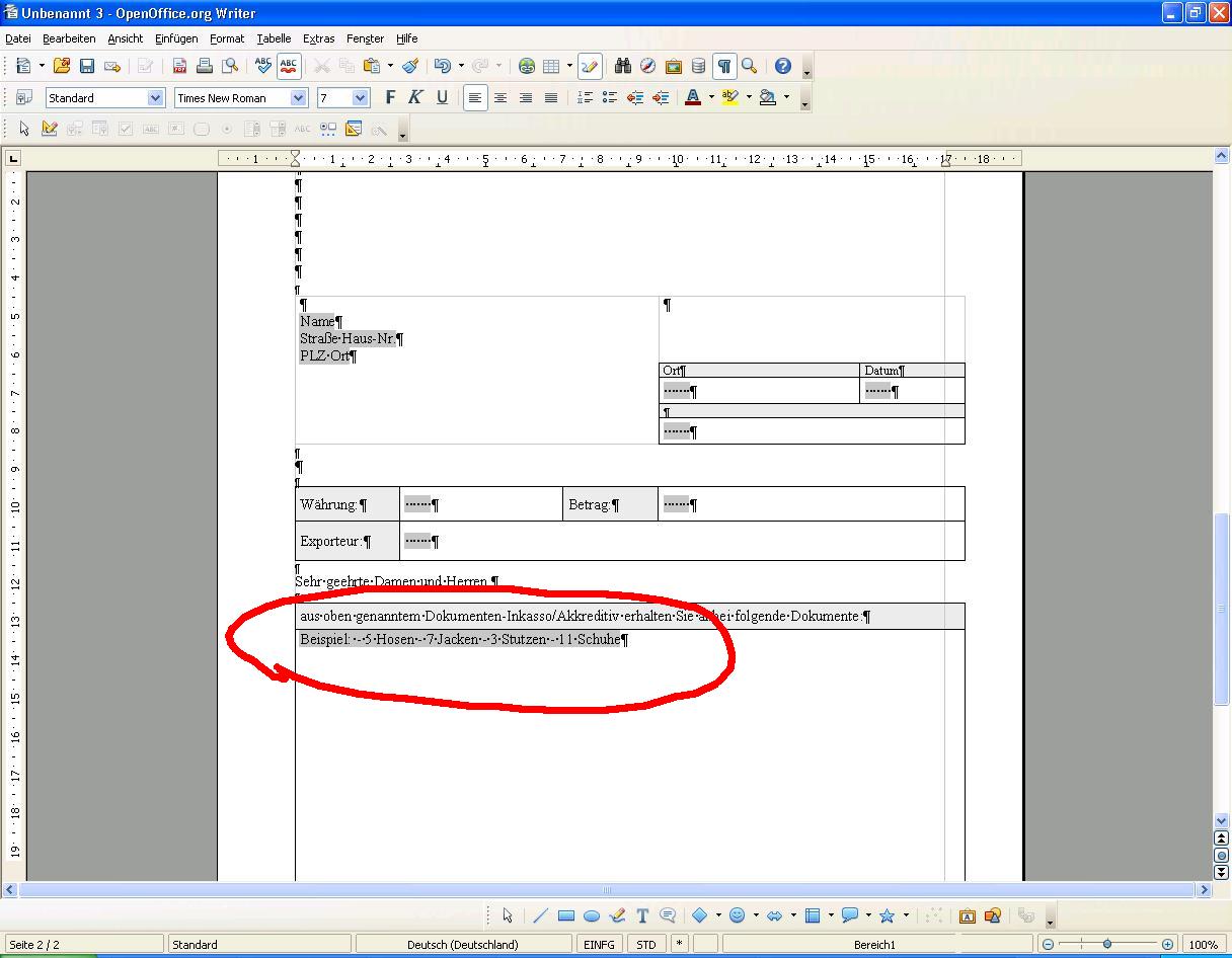 Anbei seht ihr das Problem, wie es auf Seite 2 ausschaut. Im ersten Feld wurden Absätze eingefügt, auf der hier gezeigten zweiten Seite steht alle in einer Zeile...