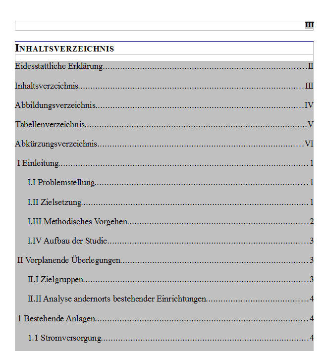 Automatischen Inhaltsverzeichnis mit römischer und arabischer Gliederung